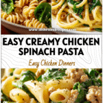 Plate of ground chicken spinach pasta mixed in creamy sauce with bright green spinach leaves.